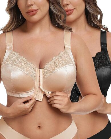 Women's Wireless Bra Front Closure Plus-Size Bras 2 Pack, Lace Full Coverage Comfortable with Wide Strap in Saudi Arabia