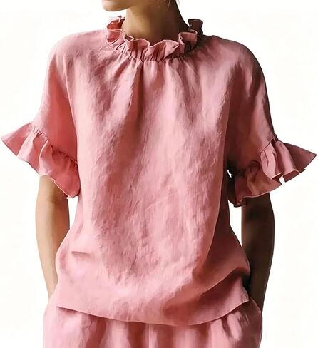 Womens Blouses Fashion Ruffle Crewneck Short Sleeve Plain Casual Shirt Boho Vacation Lightweight Summer Loose Tops in Kuwait