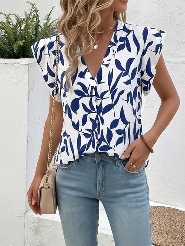 Women's V-Neck Ruffle Sleeve Blouse Button Down Textured Casual Summer Top in Kuwait