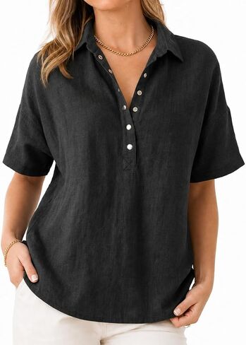 Women's Cotton Linen Tops V Neck Button Down Half Sleeve Casual Summer Blouses in Kuwait
