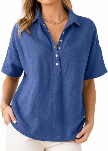 Women's Cotton Linen Tops V Neck Button Down Half Sleeve Casual Summer Blouses in Kuwait