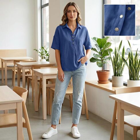 Women's Cotton Linen Tops V Neck Button Down Half Sleeve Casual Summer Blouses in Kuwait