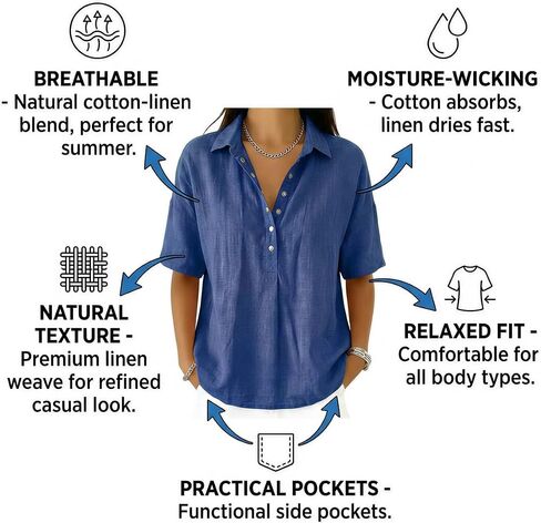Women's Cotton Linen Tops V Neck Button Down Half Sleeve Casual Summer Blouses in Kuwait