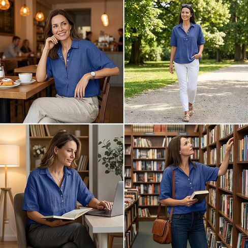 Women's Cotton Linen Tops V Neck Button Down Half Sleeve Casual Summer Blouses in Kuwait