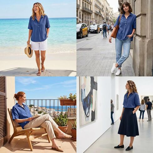 Women's Cotton Linen Tops V Neck Button Down Half Sleeve Casual Summer Blouses in Kuwait