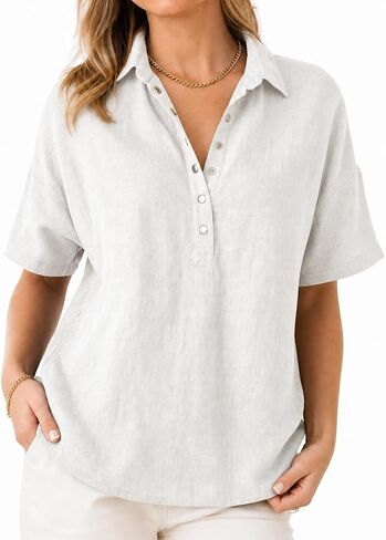 Women's Cotton Linen Tops V Neck Button Down Half Sleeve Casual Summer Blouses in Kuwait