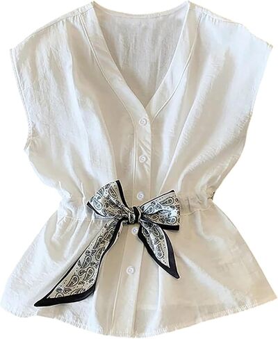 RoseSeek Women's Boho Belted Button Down Shirts V Neck Sleeveless Blouses Casual Vacation Outfits in Saudi Arabia