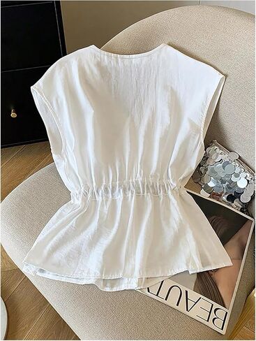 RoseSeek Women's Boho Belted Button Down Shirts V Neck Sleeveless Blouses Casual Vacation Outfits in Saudi Arabia