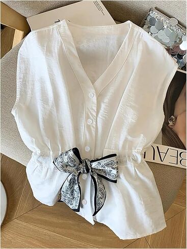 RoseSeek Women's Boho Belted Button Down Shirts V Neck Sleeveless Blouses Casual Vacation Outfits in Saudi Arabia