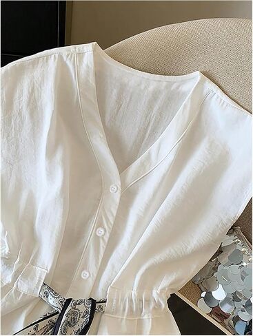 RoseSeek Women's Boho Belted Button Down Shirts V Neck Sleeveless Blouses Casual Vacation Outfits in Saudi Arabia