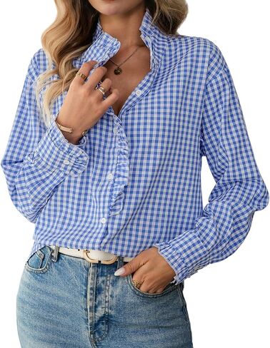 Womens Plaid Ruffle V Neck Button Down Shirt Long Sleeve Gingham Trendy Blouse Business Workwear Checkered Tops in Saudi Arabia