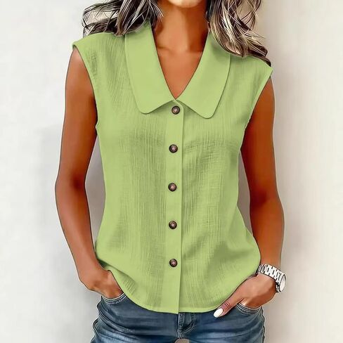 Women's Linen Blend Sleeveless Blouse, Peter Pan Collar Button Down Casual Top, Perfect for Office & Daily Wear in Saudi Arabia