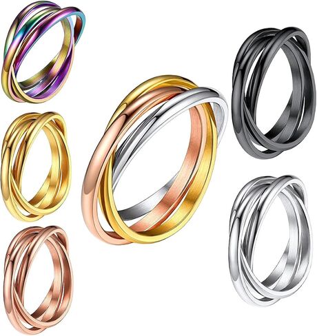 JAJAFOOK 6PCS 1.5mm Trinity Rolling Interlocked Rings Set Hypoallergenic Stainless Steel Triple Band Stackable Rings Sensory Fidget Jewelry in Kuwait