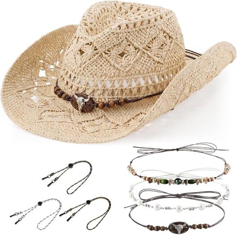 Hercicy Straw Cowgirl Hat Set with 3 Adjustable Straps & 3 Decorative Bands, Western Hollow Out Sun Hat for Women, Wide Brim Foldable Beach Hat for Outdoor Travel, Beach Multicolor in Kuwait