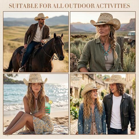 Hercicy Straw Cowgirl Hat Set with 3 Adjustable Straps & 3 Decorative Bands, Western Hollow Out Sun Hat for Women, Wide Brim Foldable Beach Hat for Outdoor Travel, Beach Multicolor in Kuwait
