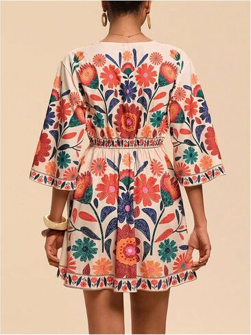 WDIRARA Women's Floral A Line Short Dress V Neck 3/4 Sleeve Flowy Dresses Boho Beach Vacation in Kuwait