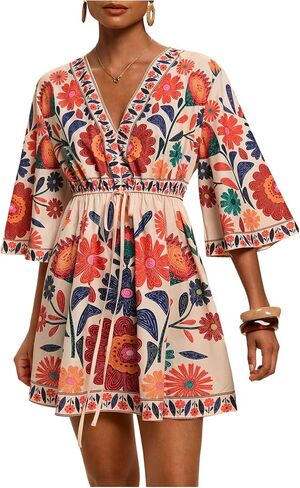 WDIRARA Women's Floral A Line Short Dress V Neck 3/4 Sleeve Flowy Dresses Boho Beach Vacation in Saudi Arabia