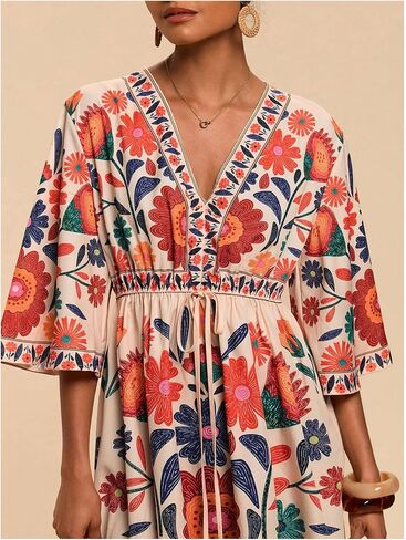 WDIRARA Women's Floral A Line Short Dress V Neck 3/4 Sleeve Flowy Dresses Boho Beach Vacation in Kuwait