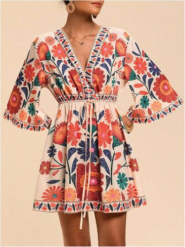 WDIRARA Women's Floral A Line Short Dress V Neck 3/4 Sleeve Flowy Dresses Boho Beach Vacation in Kuwait