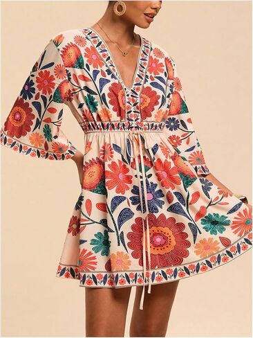 WDIRARA Women's Floral A Line Short Dress V Neck 3/4 Sleeve Flowy Dresses Boho Beach Vacation in Kuwait