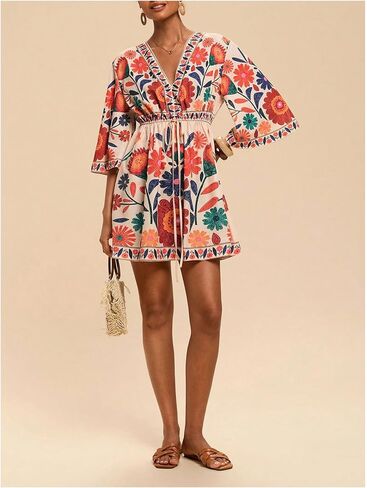 WDIRARA Women's Floral A Line Short Dress V Neck 3/4 Sleeve Flowy Dresses Boho Beach Vacation in Kuwait