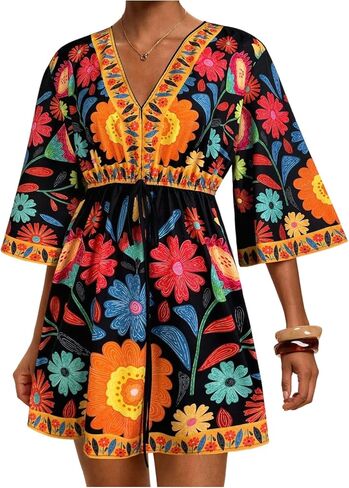 WDIRARA Women's Floral A Line Short Dress V Neck 3/4 Sleeve Flowy Dresses Boho Beach Vacation in Kuwait