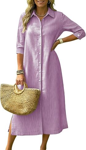 ebossy Women's Loose Striped Shirt Dress Button Down 3/4 Sleeve Side Slit Flowy A Line Mid Long Boho Dress with Pockets in Kuwait