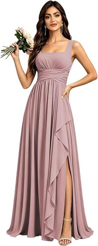Square Neck Bridesmaid Dresses for Women Ruffles Chiffon Formal Wedding Guest Dress with Slit in Saudi Arabia