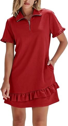 Alaster Queen Women's Casual Shirt Dresses Summer Half Zip Polo Collar Ruffle A-line Short Tennis Dress with Pocket in Saudi Arabia
