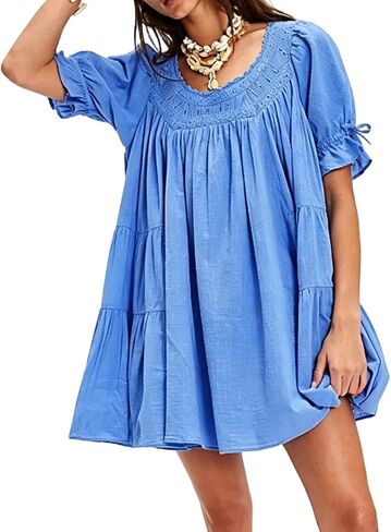 Foidiccx Womens Loose Cotton Ruffle Eyelet Babydoll Puff Sleeve Mini Dress Y2k Boho Summer Going Out Short Flowy Sundress in Saudi Arabia