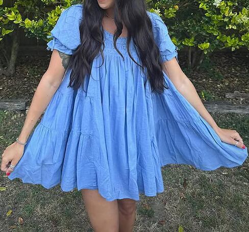 Foidiccx Womens Loose Cotton Ruffle Eyelet Babydoll Puff Sleeve Mini Dress Y2k Boho Summer Going Out Short Flowy Sundress in Saudi Arabia