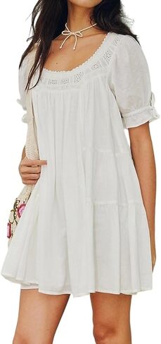 Foidiccx Womens Loose Cotton Ruffle Eyelet Babydoll Puff Sleeve Mini Dress Y2k Boho Summer Going Out Short Flowy Sundress in Saudi Arabia