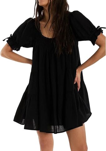 Foidiccx Womens Loose Cotton Ruffle Eyelet Babydoll Puff Sleeve Mini Dress Y2k Boho Summer Going Out Short Flowy Sundress in Saudi Arabia