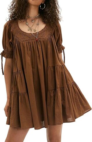 Foidiccx Womens Loose Cotton Ruffle Eyelet Babydoll Puff Sleeve Mini Dress Y2k Boho Summer Going Out Short Flowy Sundress in Saudi Arabia