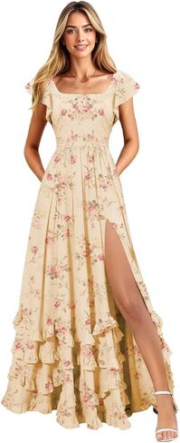 Long Ruffle Bridesmaid Dresses for Women Chiffon Formal Dress with Slit Square Neck Formal Evening Dress in Saudi Arabia