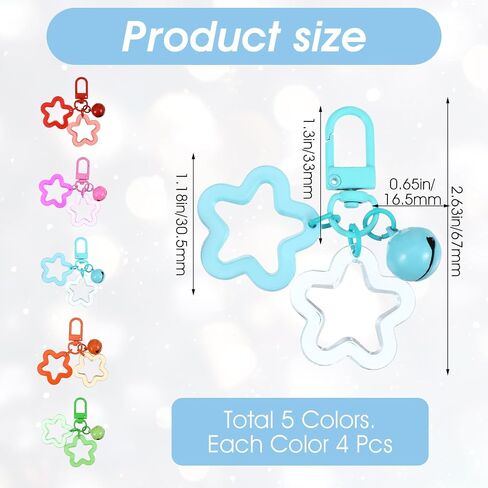 20pcs Star Keychain Clasp, Acrylic Keychain Star with Bell, Colorful Five Pointed Stars Keychains Bulk Cute Stars Bag Charm Car Backpack Decoration (5 Colors) in Saudi Arabia