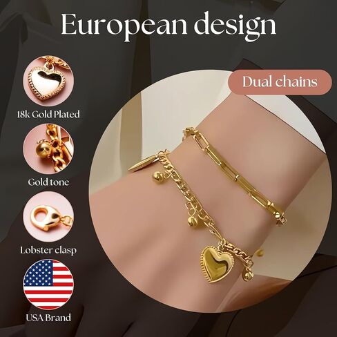 سوار سيليستارا من الفولاذ المقاوم للصدأ على شكل عين الشر للنساء - أساور قلب مزدوجة الطبقات مطلية بالذهب عيار 18 قيراط مع تصميم سلسلة يد قابلة للتعديل - صندوق هدايا متضمن in Kuwait