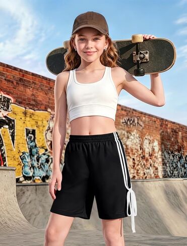 Girls Summer Striped Athletic Shorts, Y2K Baggy Shorts with Bowknot for Sports & Casual 8-16 Years in Saudi Arabia
