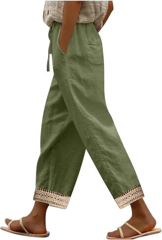 Women Cotton Linen Pants Casual Straight Wide Leg Lounge Pant Lightweight Gauze Pant with Pockets Vacation Beach Trouser in Kuwait