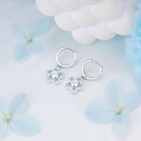 S925 Sterling Silver Flower Drop Hoop Earrings with Blue Cubic Zirconia Sparkling Floral Flower Hoop Earrings Cartilage Jewelry Women's Wedding Birthday Party Gift Daughter in Saudi Arabia