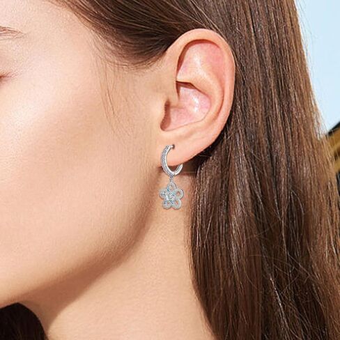 S925 Sterling Silver Flower Drop Hoop Earrings with Blue Cubic Zirconia Sparkling Floral Flower Hoop Earrings Cartilage Jewelry Women's Wedding Birthday Party Gift Daughter in Saudi Arabia