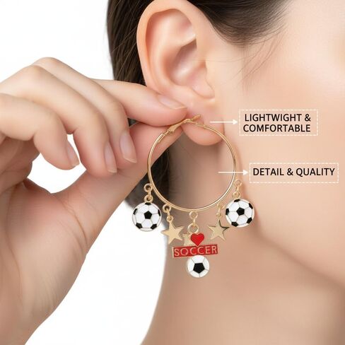 Gold Tone Soccer Charm Hoop Earrings I Love Soccer Star Football Charms Lightweight Sports Jewelry for Fans in Saudi Arabia