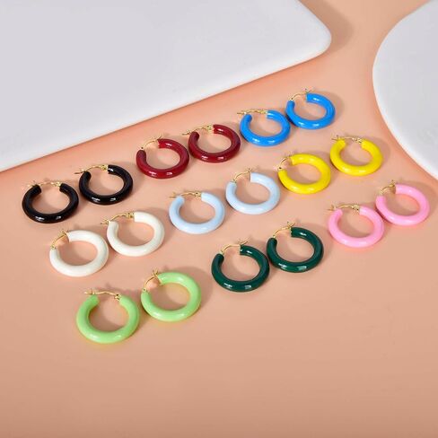 Colorful Chunky Hoop Earrings for Women Gold Plated Enamel Hoops Retro Lightweight Click-Top Earrings Statement Jewelry in Saudi Arabia