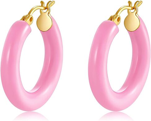 Colorful Chunky Hoop Earrings for Women Gold Plated Enamel Hoops Retro Lightweight Click-Top Earrings Statement Jewelry in Saudi Arabia