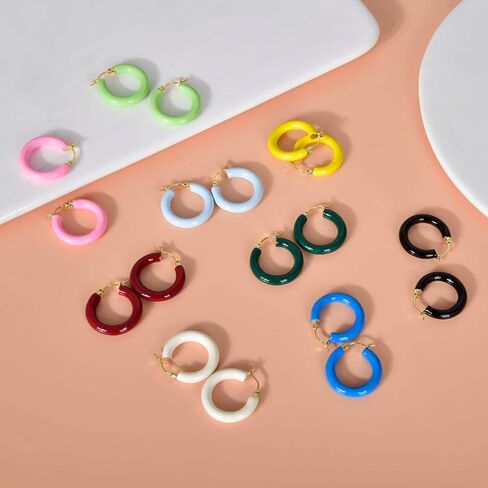 Colorful Chunky Hoop Earrings for Women Gold Plated Enamel Hoops Retro Lightweight Click-Top Earrings Statement Jewelry in Saudi Arabia