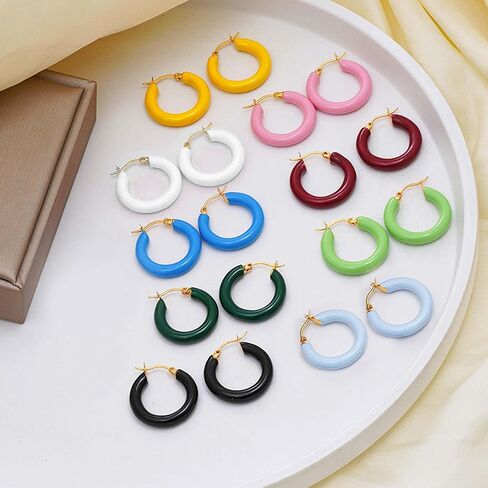 Colorful Chunky Hoop Earrings for Women Gold Plated Enamel Hoops Retro Lightweight Click-Top Earrings Statement Jewelry in Saudi Arabia