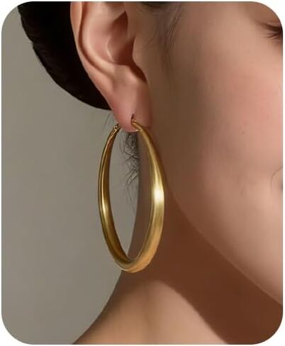 Gold Hoop Earrings for Women Matte Chunky Gold Hoop Earrings Hypoallergenic 925 Sterling Lightweight Loops Thick 40mm/50mm/60mm Hoop Earring Minimalist Style Jewelry Gifts (60mm) in Saudi Arabia
