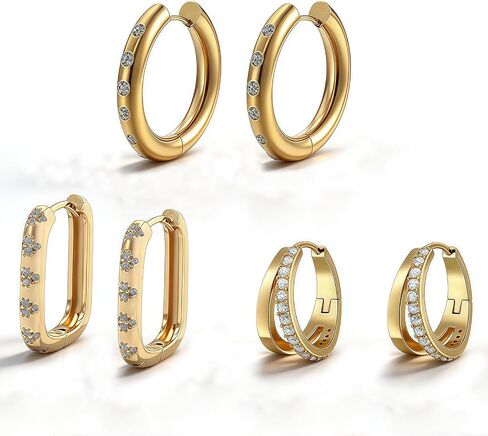 3 Pairs 14K Gold Plated Huggie Hoop Earrings Set for Women - Hypoallergenic Lightweight Chunky Tiny Hoops with CZ Accents, Non-Tarnish, Trendy Stacks for Multiple Piercing, Dainty Jewelry Valentines Day Gifts for Sensitive Ears in Saudi Arabia