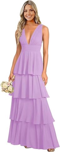 Sleeveless Tiered Chiffon Bridesmaid Dresses for Women Long V Neck Wedding Guest Dress L01012 in Saudi Arabia