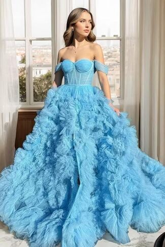 Off Shoulder Prom Dresses for Women Strapless Ruffle Split Ball Gown Formal 2026 in Kuwait